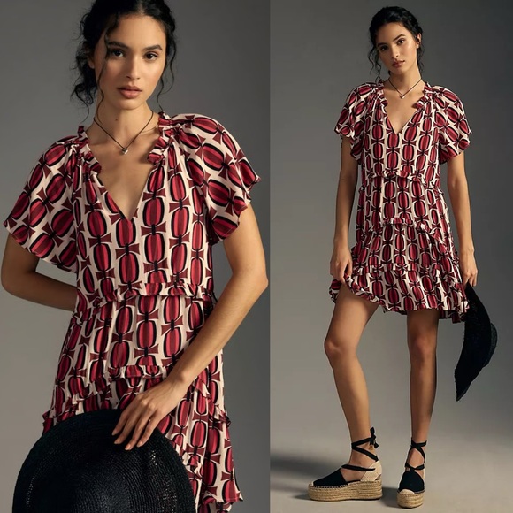 Anthropologie Tops - NWT Anthropologie Robin Tiered Flutter Sleeve Mini Dress Geometric Print Medium